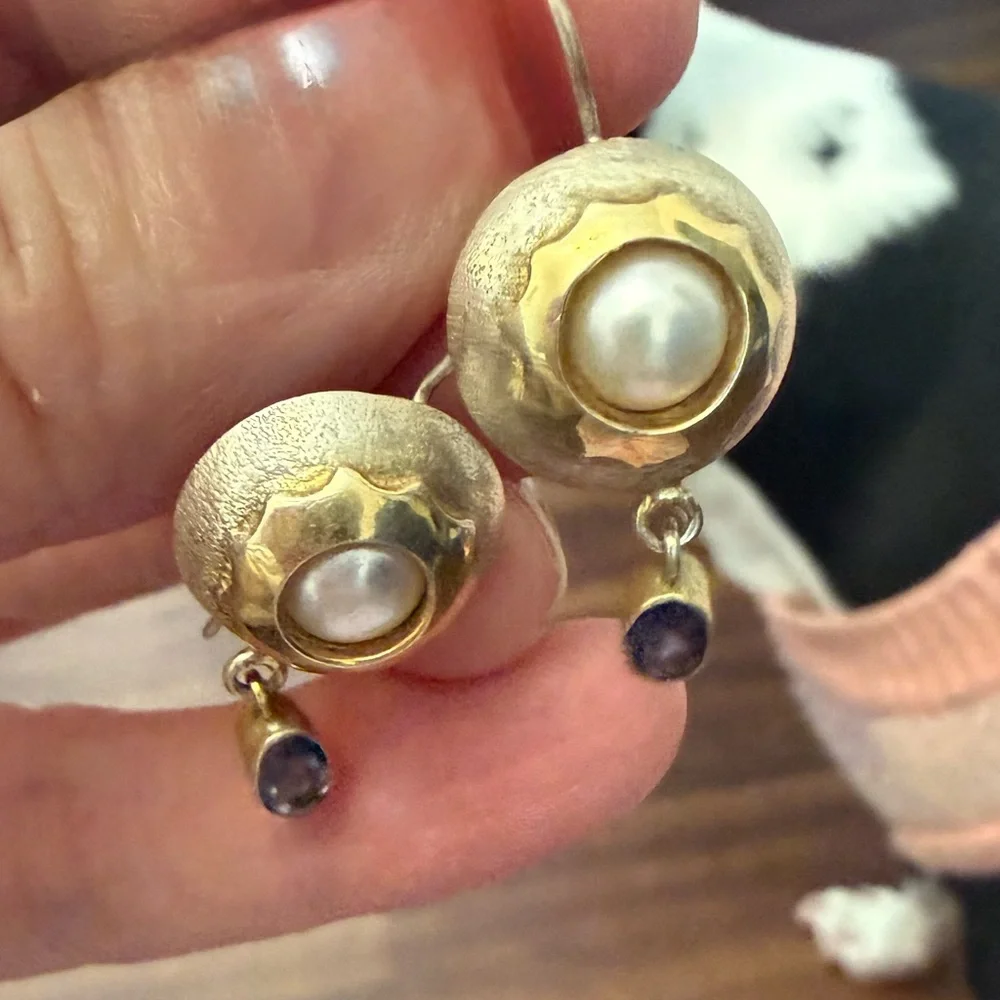 Gold and Silver Pearl Drop Earrings - Picture 3 of 6